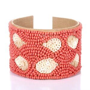 Handcrafted Coral Glass Seed Beaded Cuff Bracelet - New in Box
